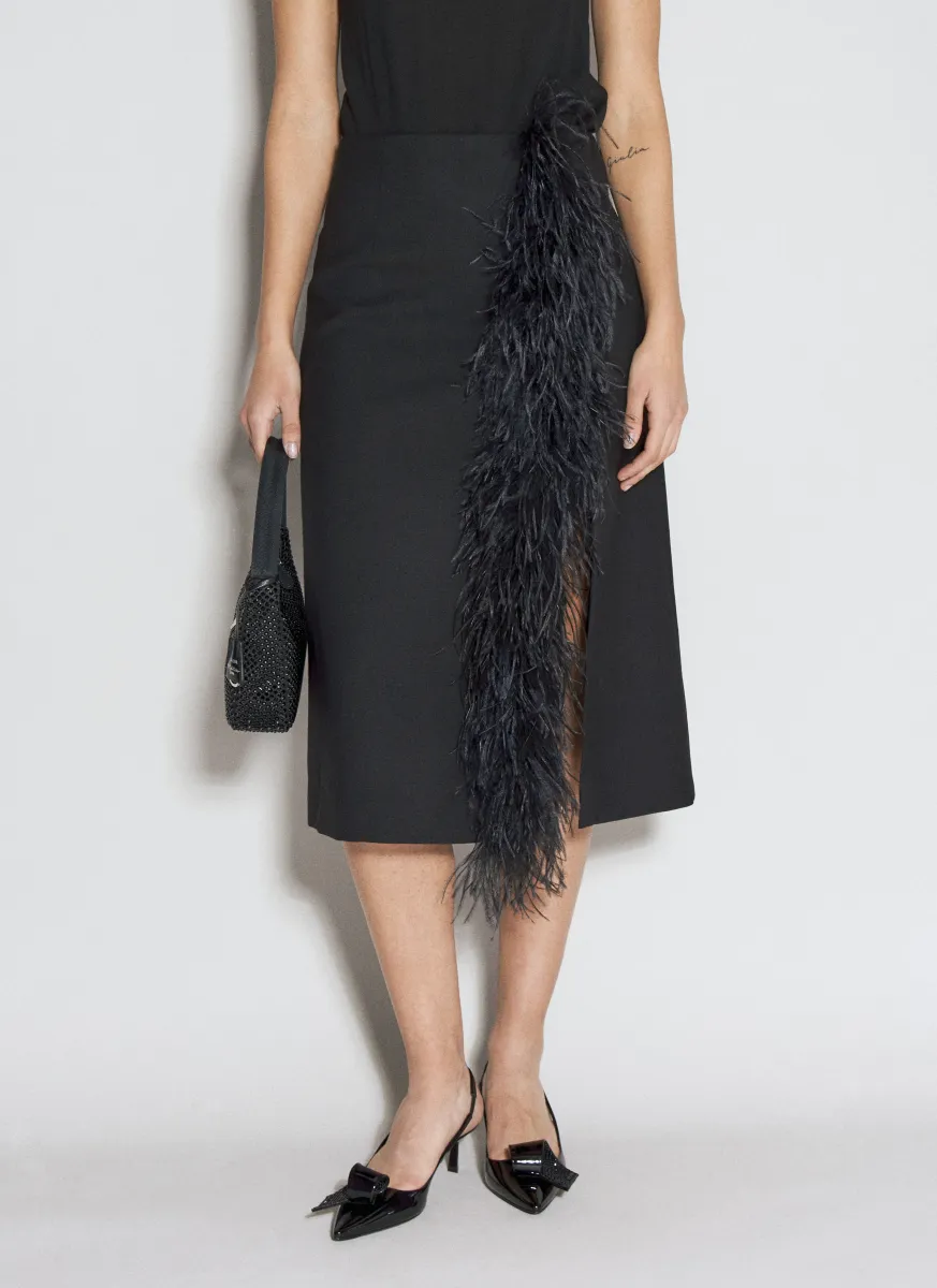 Feather-Trimmed Wool Midi Skirt