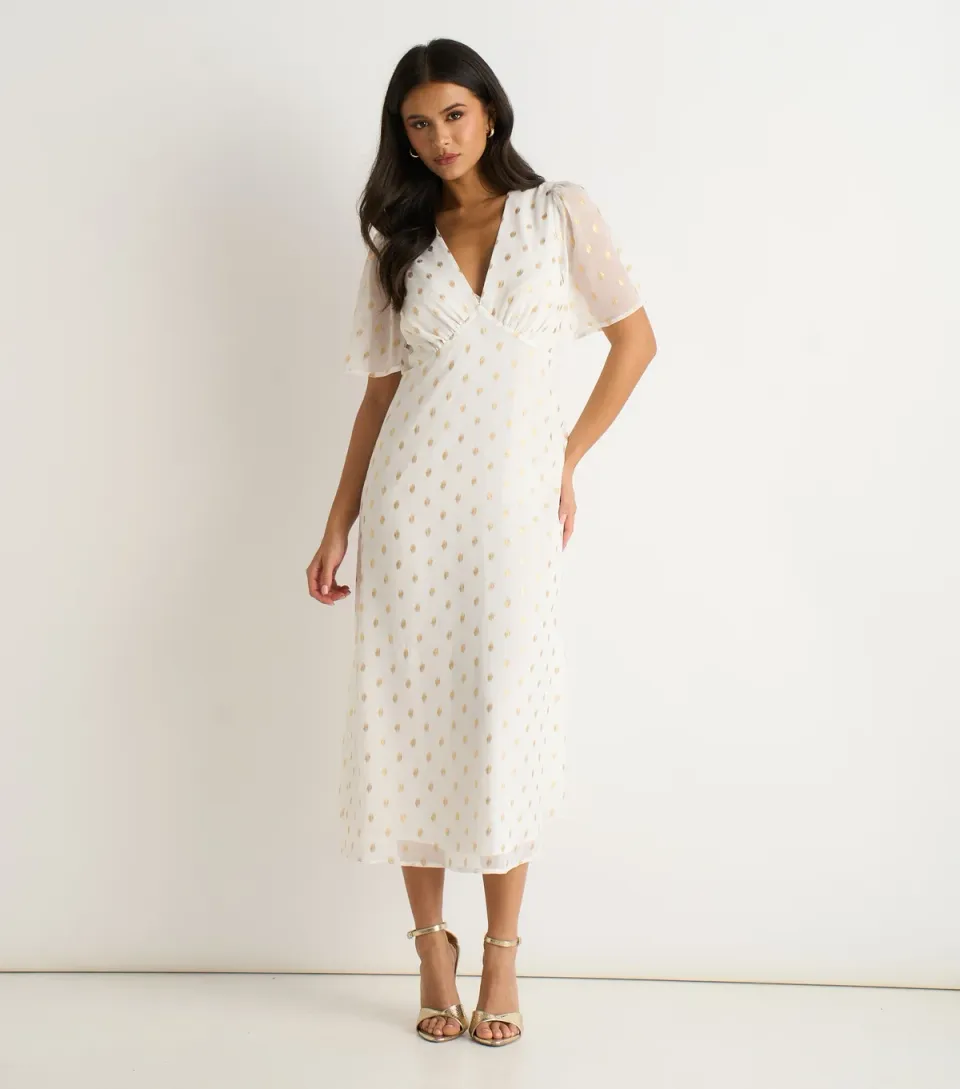 Women's White V-Neck Foiled Midi Dress