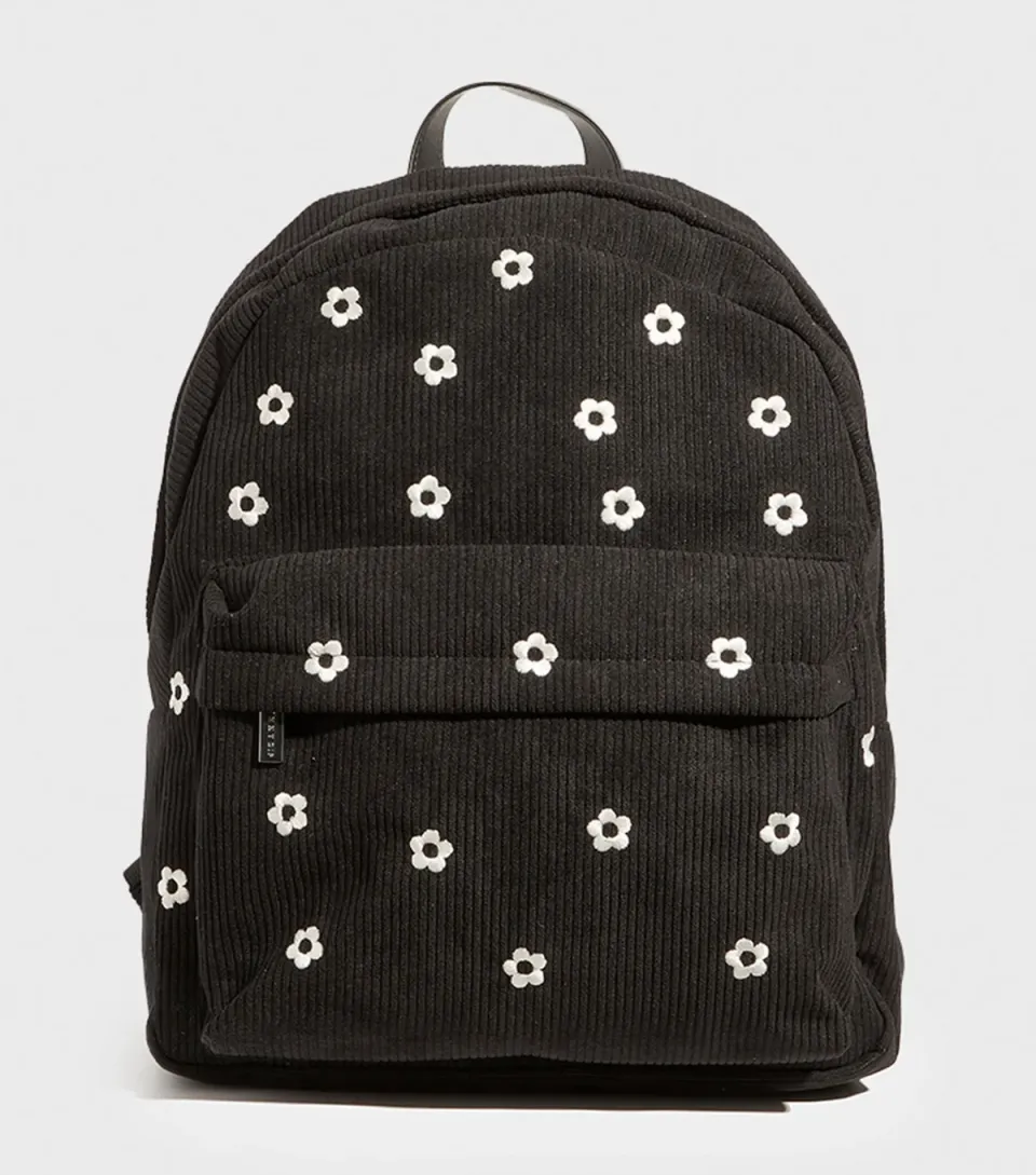 Black Floral Embroidered Corduroy Backpack