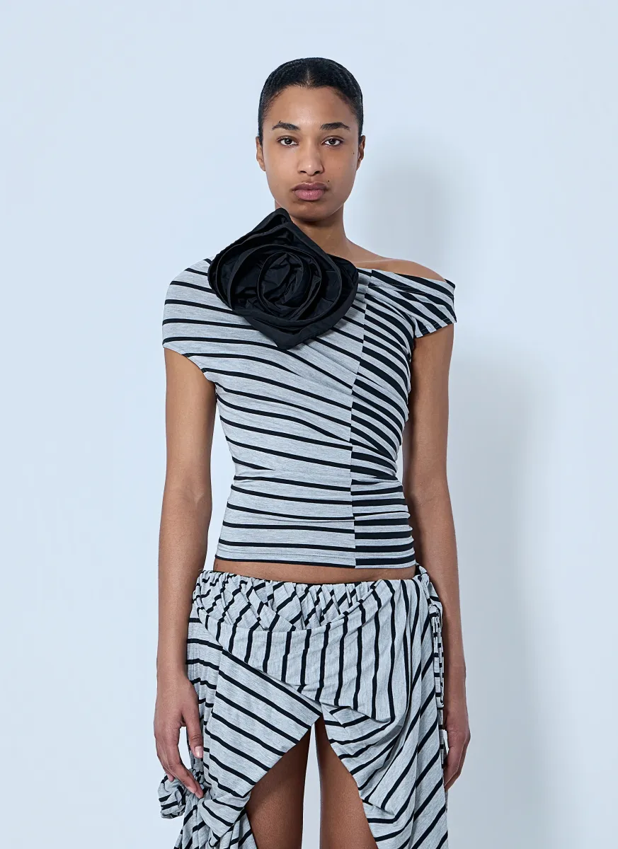 Asymmetrical Striped Top with Floral Appliqué