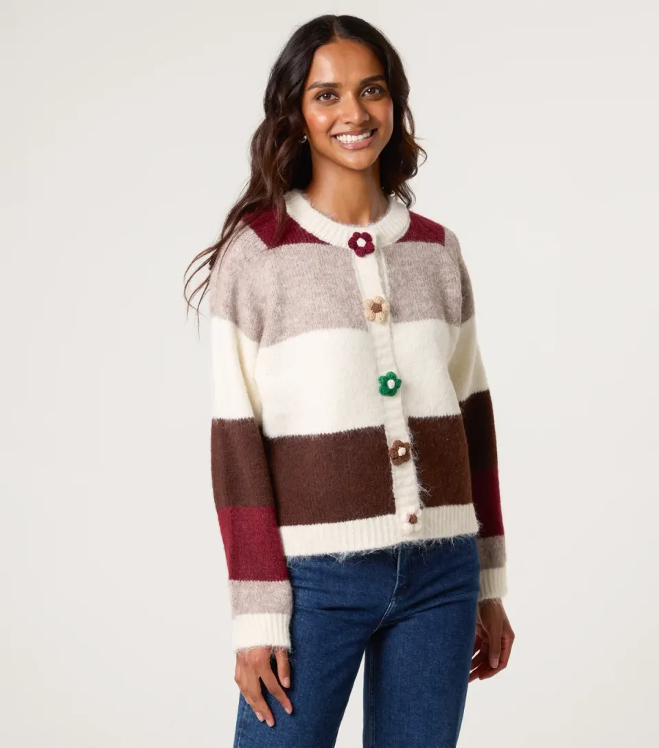 Women's Off White Striped Floral Button Cardigan