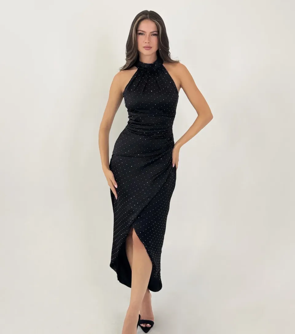 Women's Black Diamante Halter Neck Midi Dress