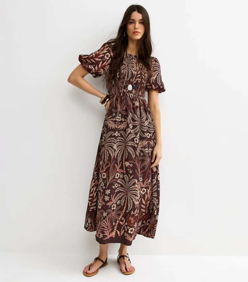 Women's Brown Palm Tree Print Puff Sleeve Midi Dress