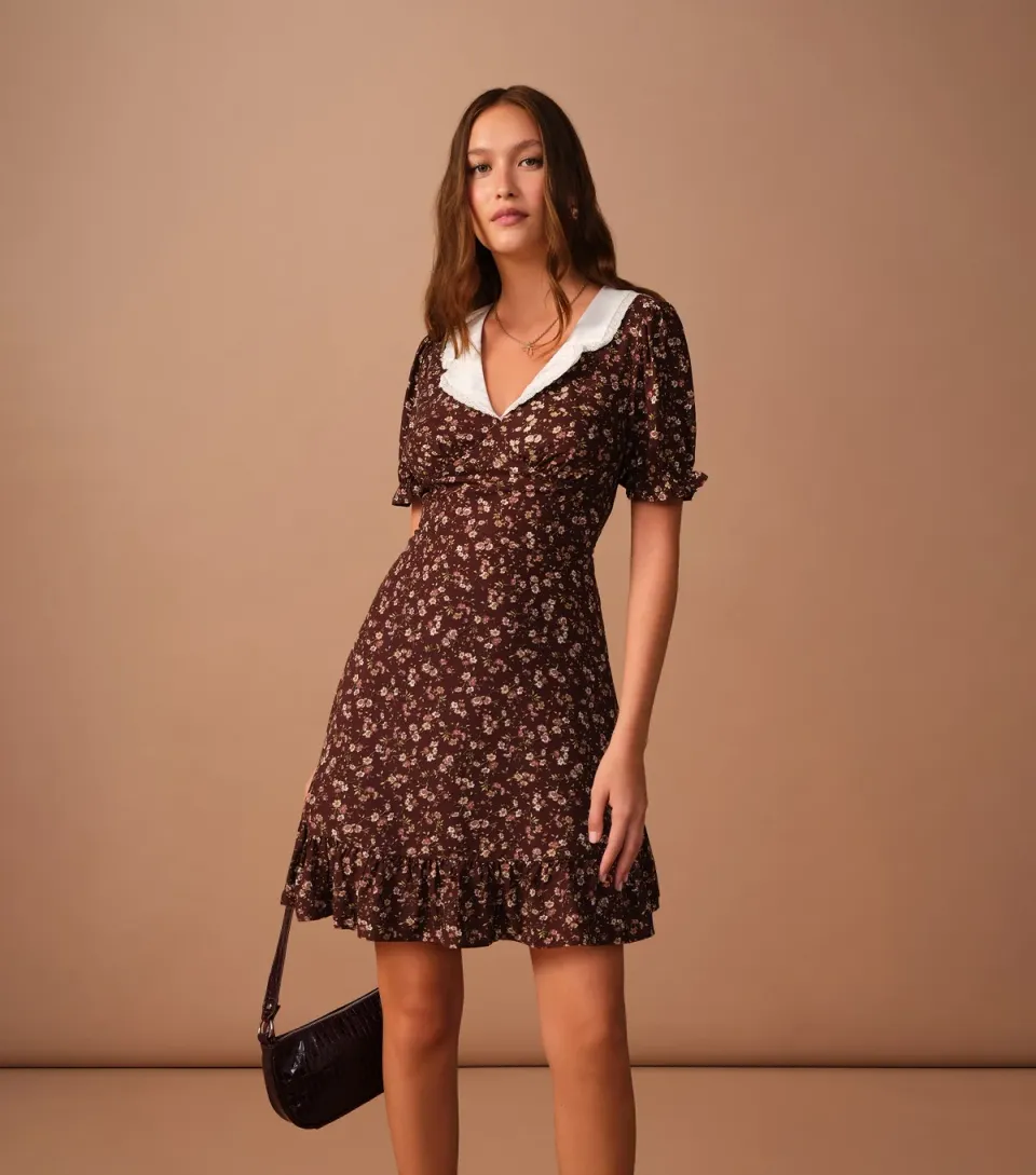 Women's Red Floral Print Contrast Collar Mini Dress