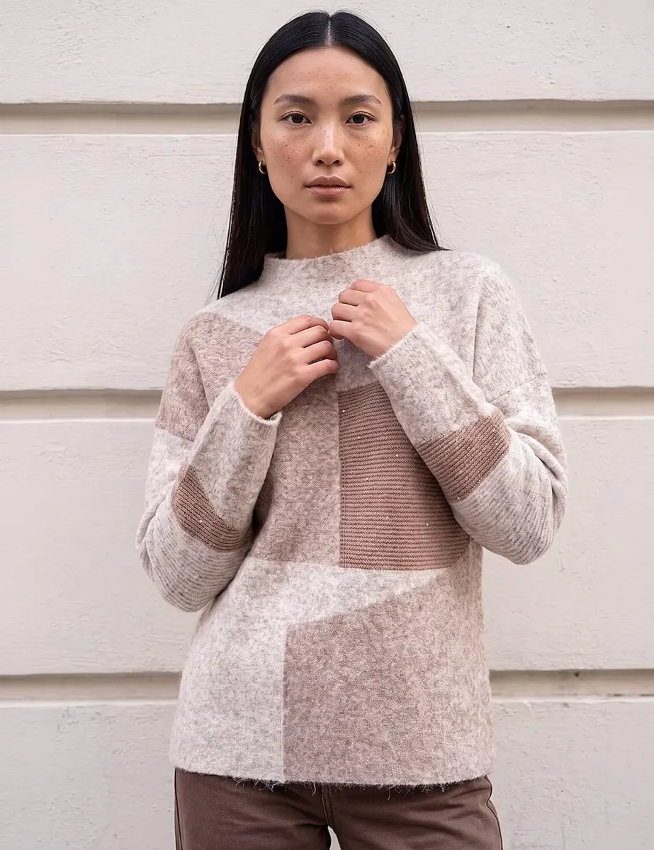 Colour Block Knit Jumper Beige Mix