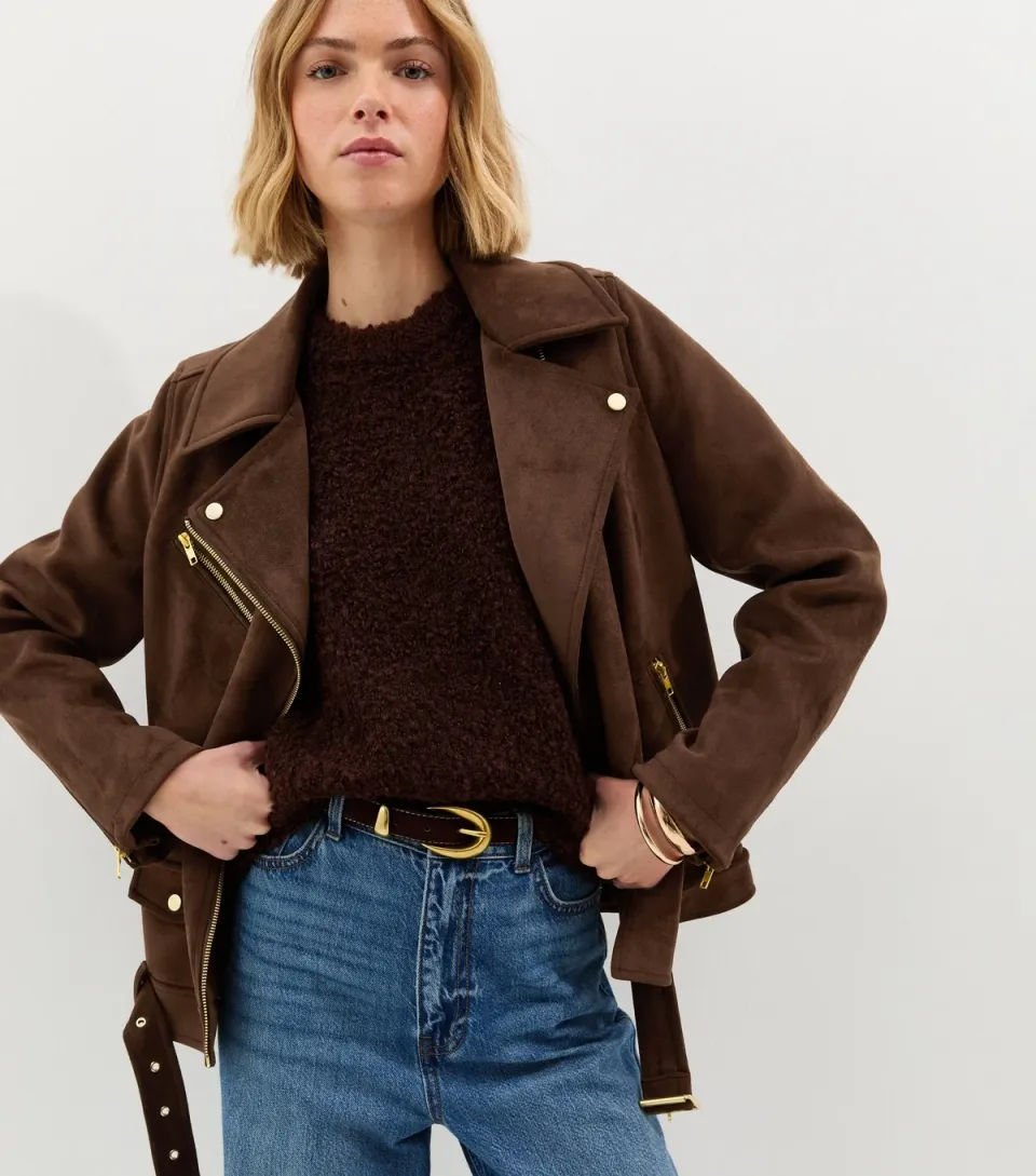 Women's Tan Oversized Faux Suede Biker Jacket