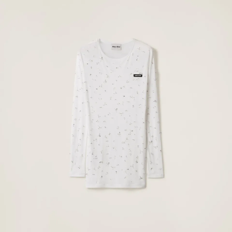 Embroidered ribbed knit jersey dress