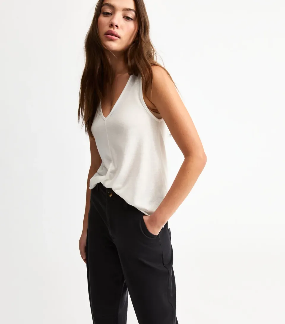 Women's Cream Linen Look V Front Tank Top