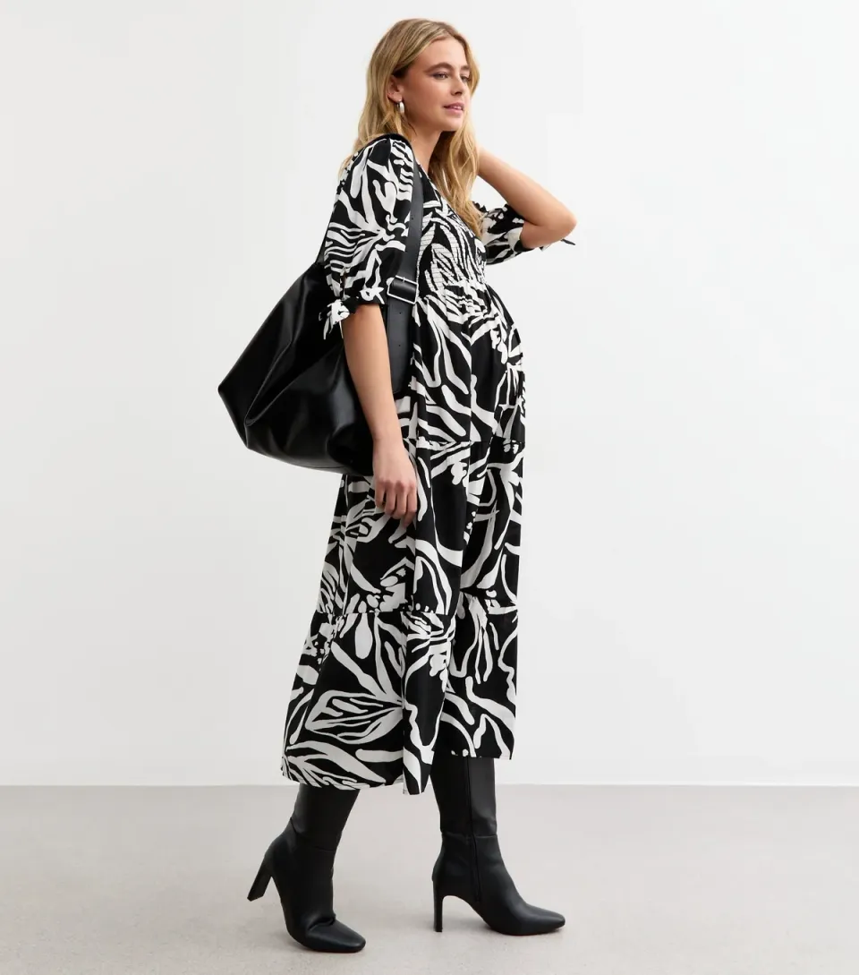 Women's Maternity Black Tiered Floral Print Midi Dress