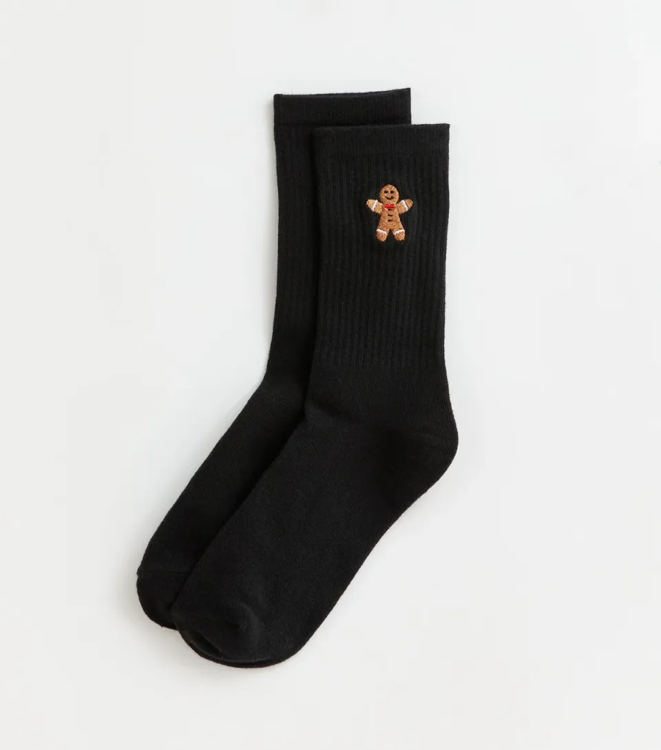 Black Christmas Gingerbread Embroidered Ankle Socks