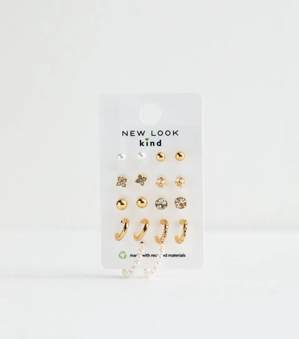 Gold Tone Pack of 9 Faux Pearl Diamant?� Stud Hoop Earrings
