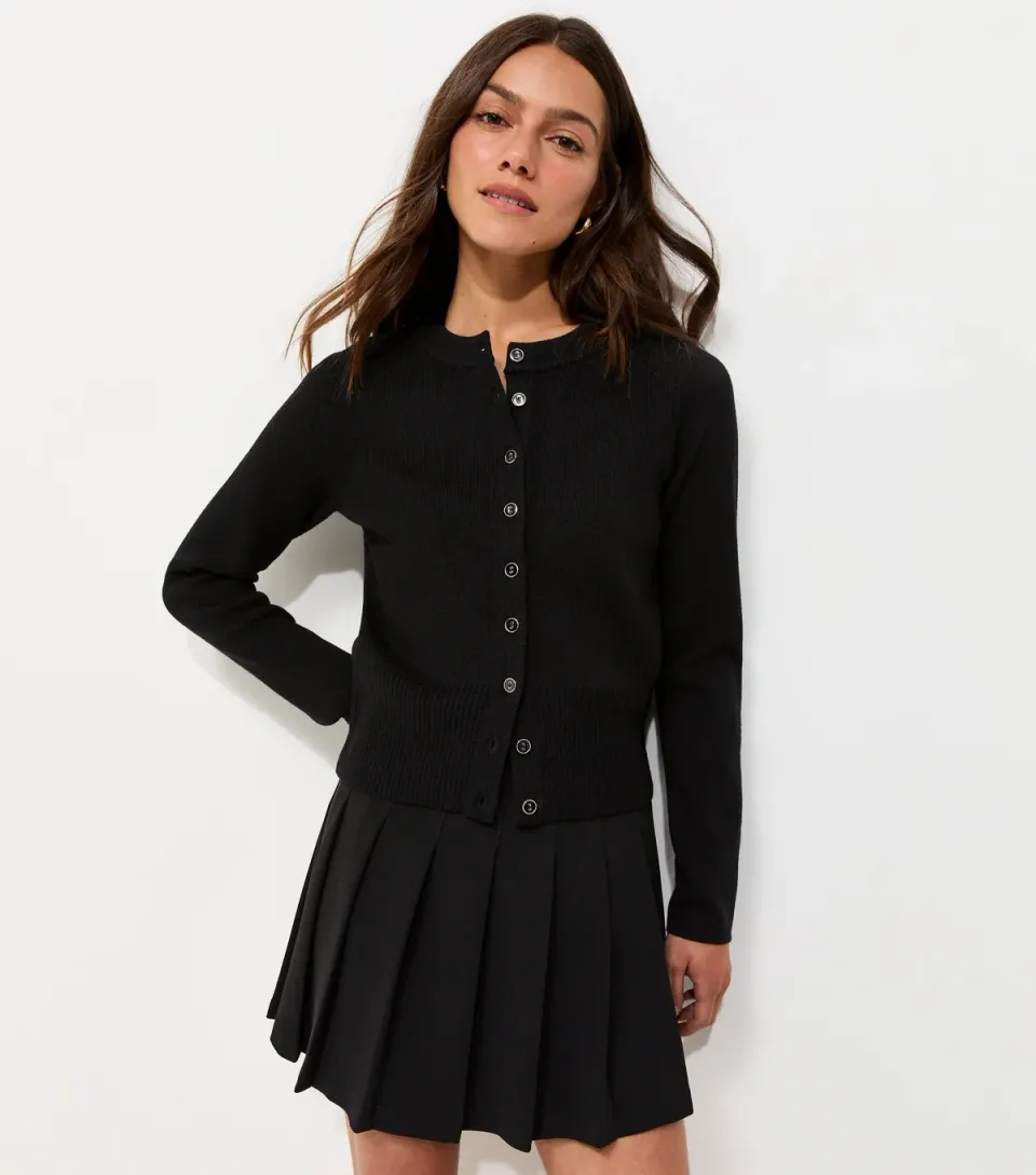 Women's Petite Black Compact Knit Crew Neck Cardigan