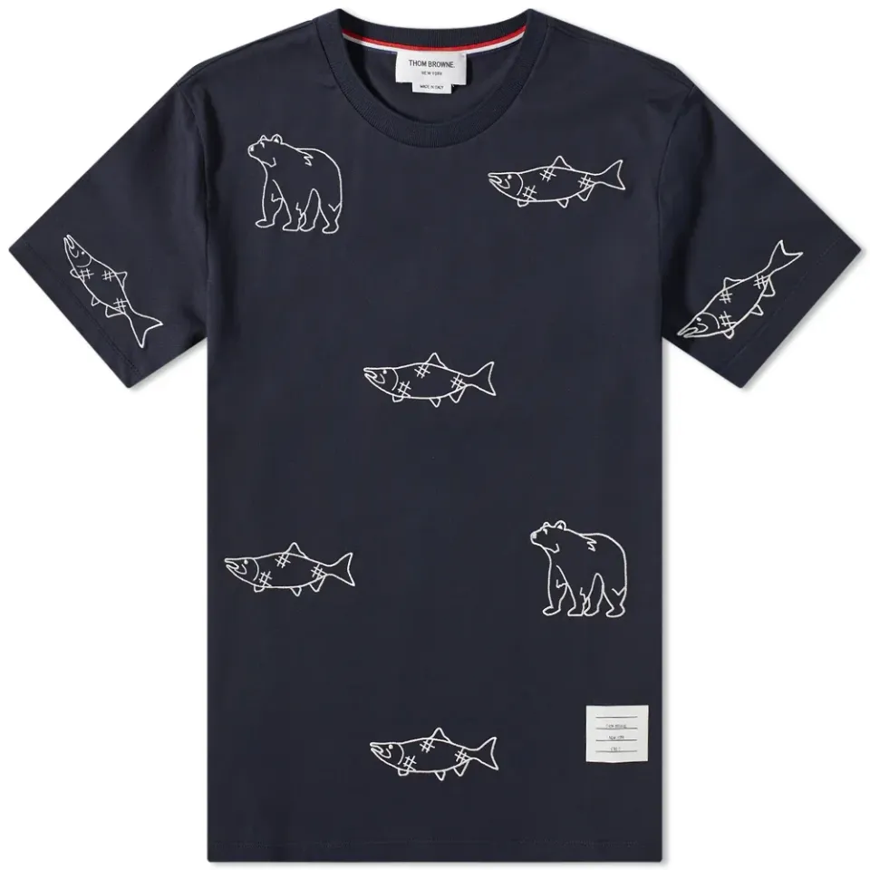 Bear And Salmon Embroidered T-Shirt