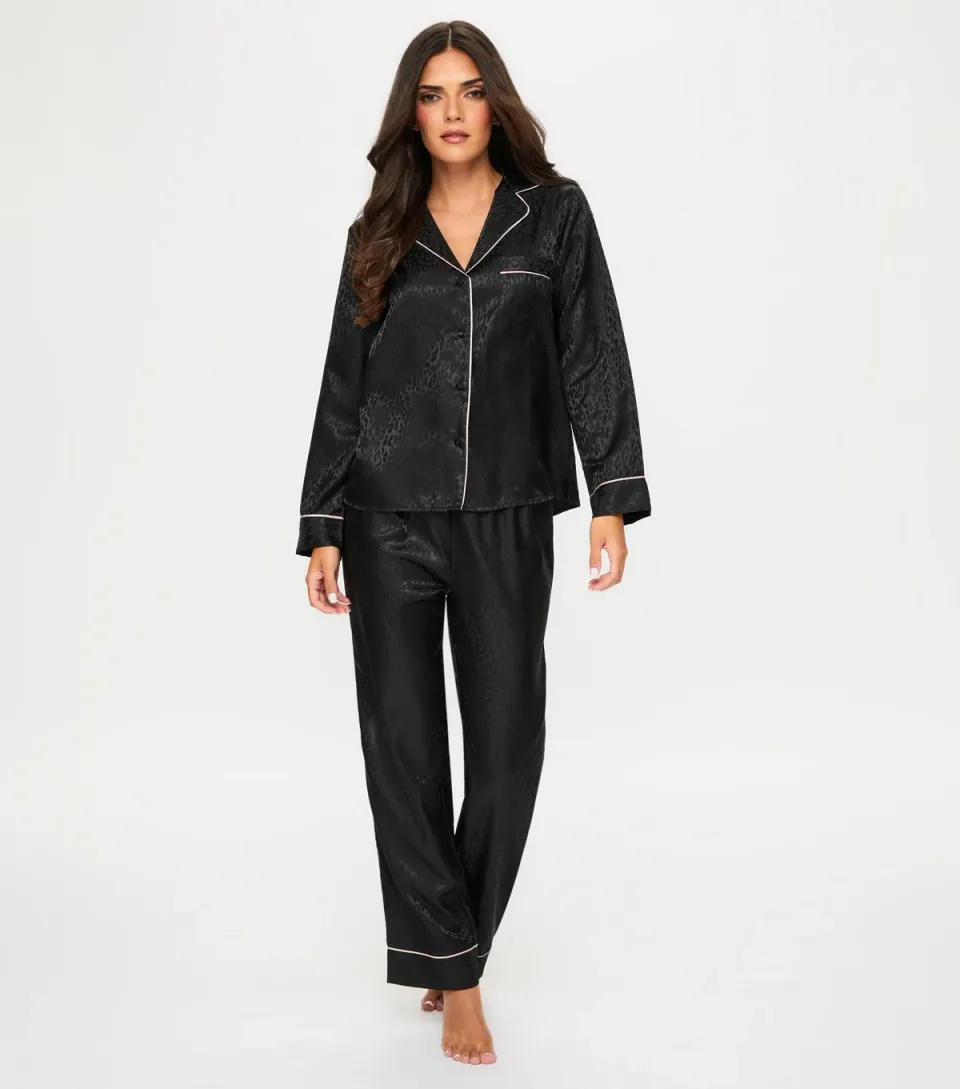 Women's Black Signature Satin Long Sleeve Top and Trouser Pyjama Set