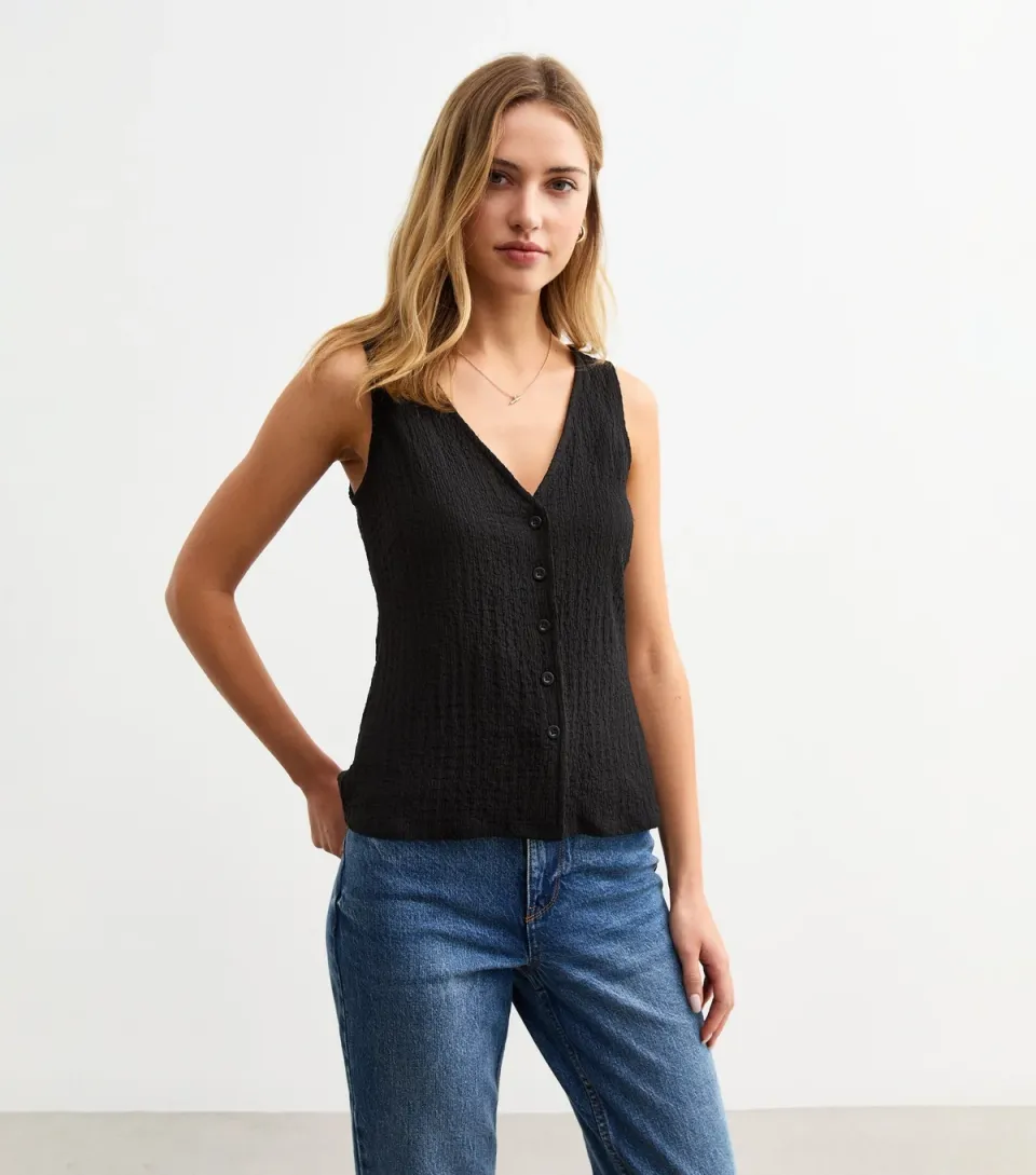 Women's Black Crinkle Texture V-Neck Waistcoat