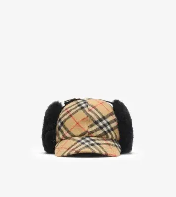 Check Wool Trapper Cap in Sand beige