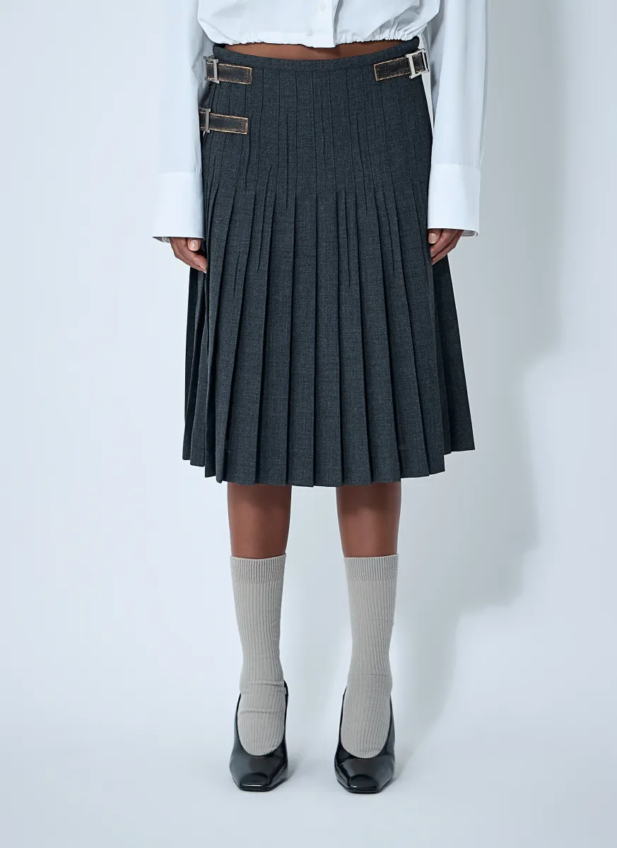 Pleated Rush Stitch Skirt With Belt