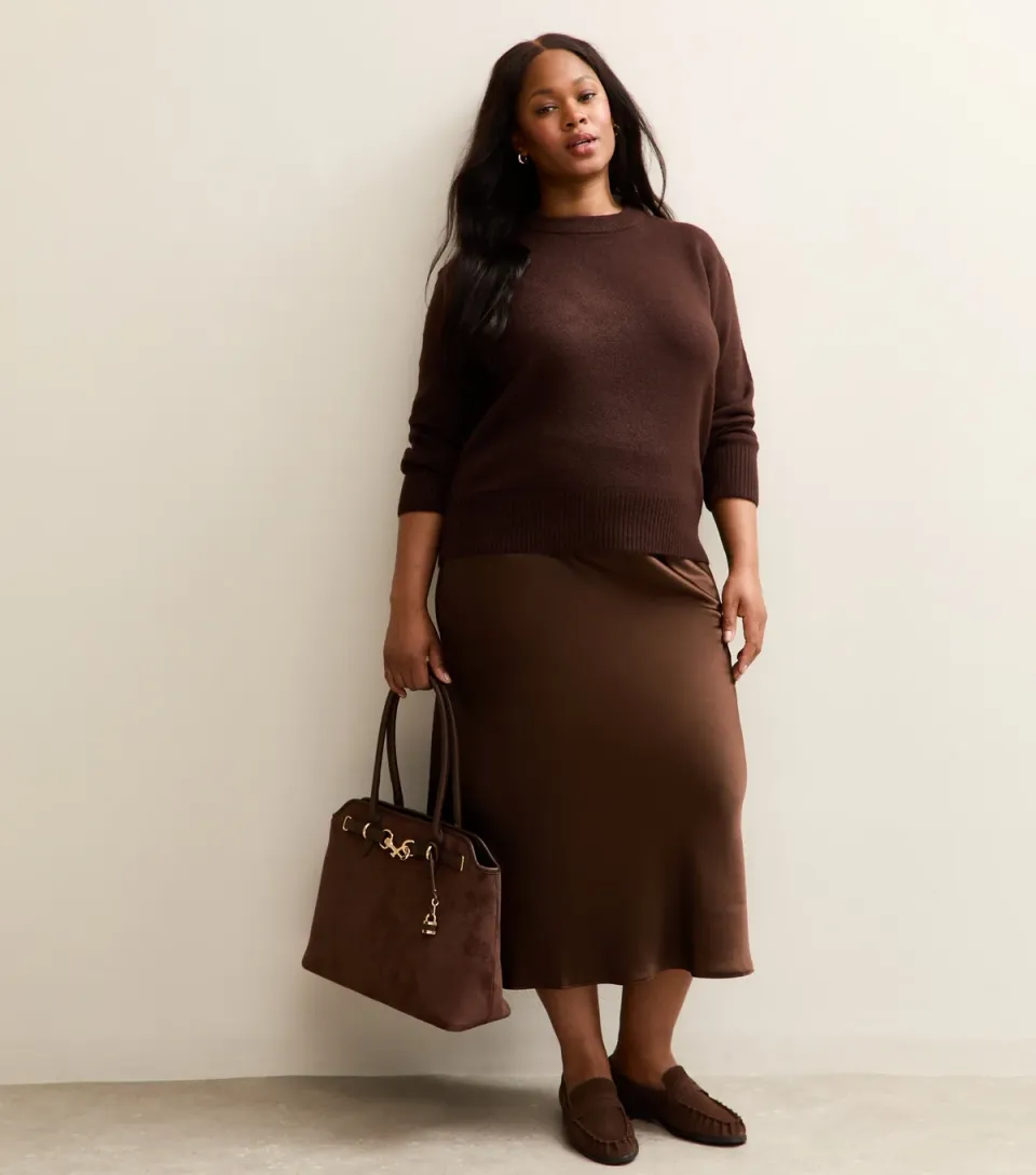 Women's Plus Size Brown Satin Midi Skirt Curves