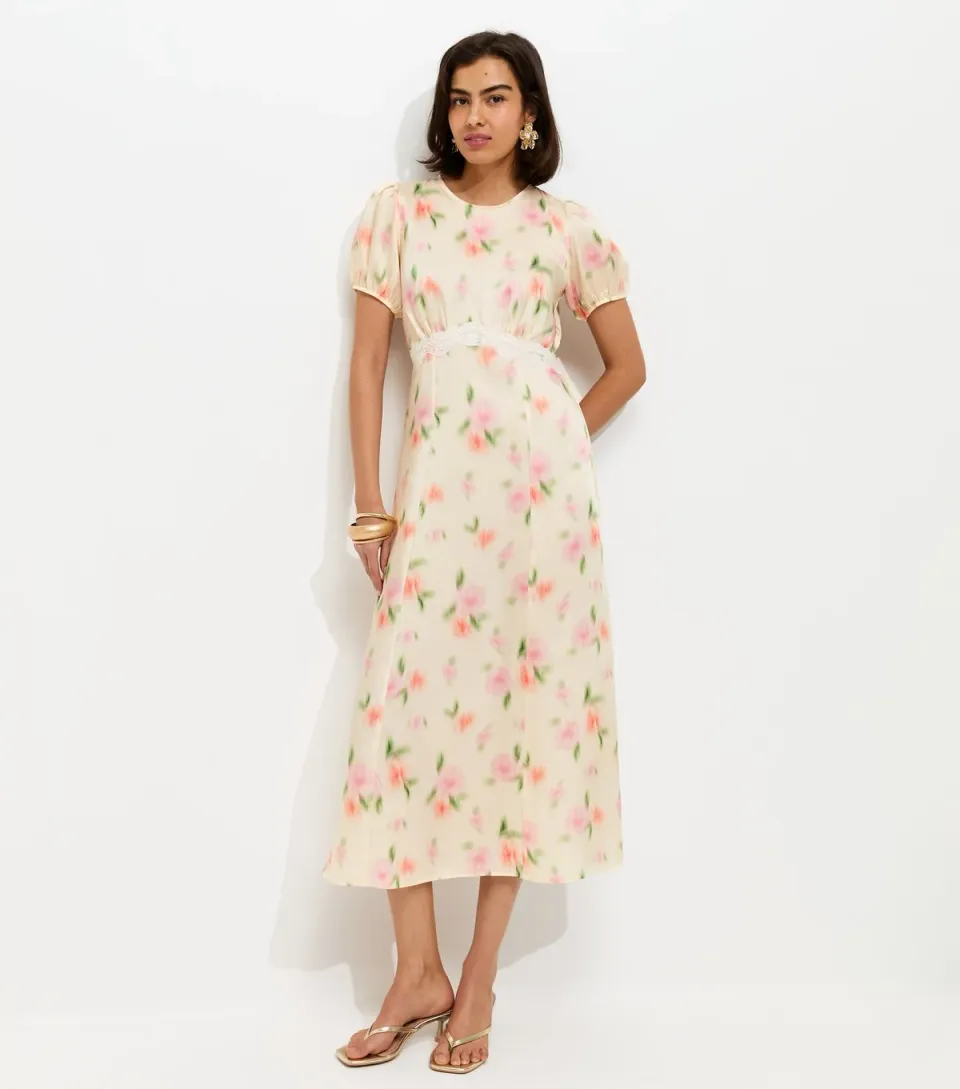 Women's Cream Blurred Floral Print Midi Dress