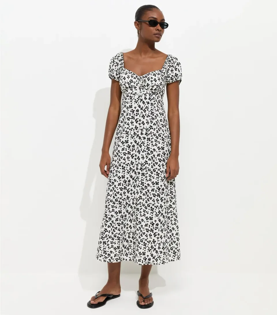 Women's Cream Woven Floral Print Milkmaid Midi Dress
