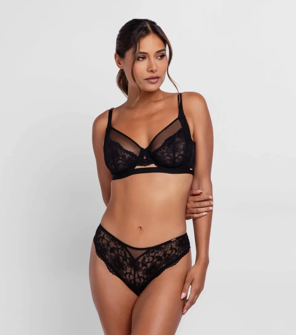 Women's Black Mesh Panelled Lace Bra