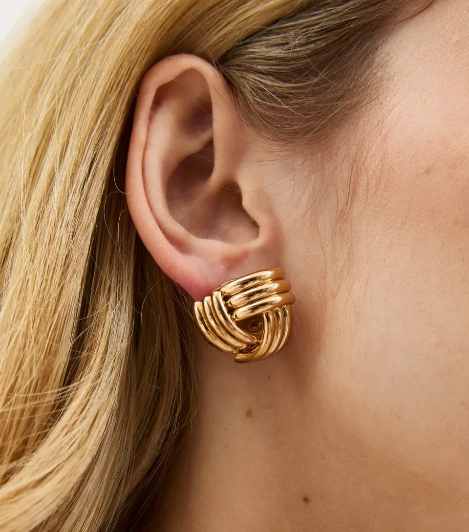 Gold Tone Ribbed Knot Stud Earrings