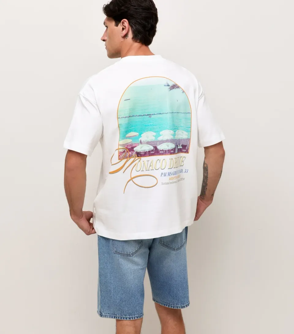 Men's White Cotton Monaco Drive Print T-Shirt