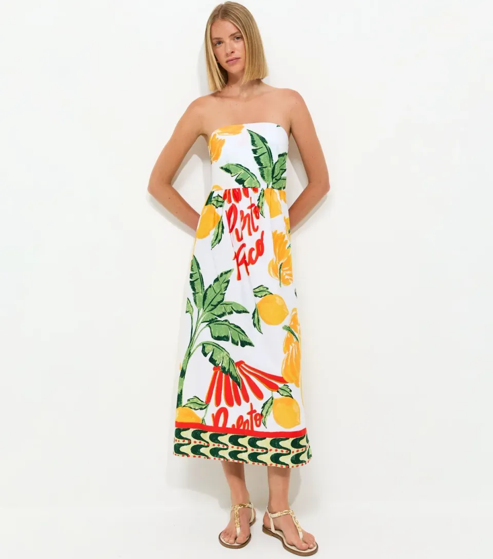 Women's Cream Cotton Tropical Print Bandeau Midi Dress
