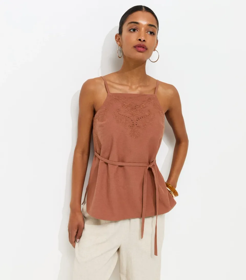 Women's Dark Brown Cotton Rich Embroidered Belted Long Cami Top