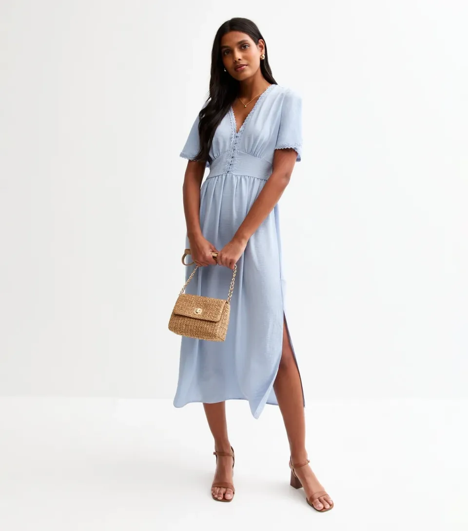 Women's Light Blue Lace Trim Button Through Midi Dress