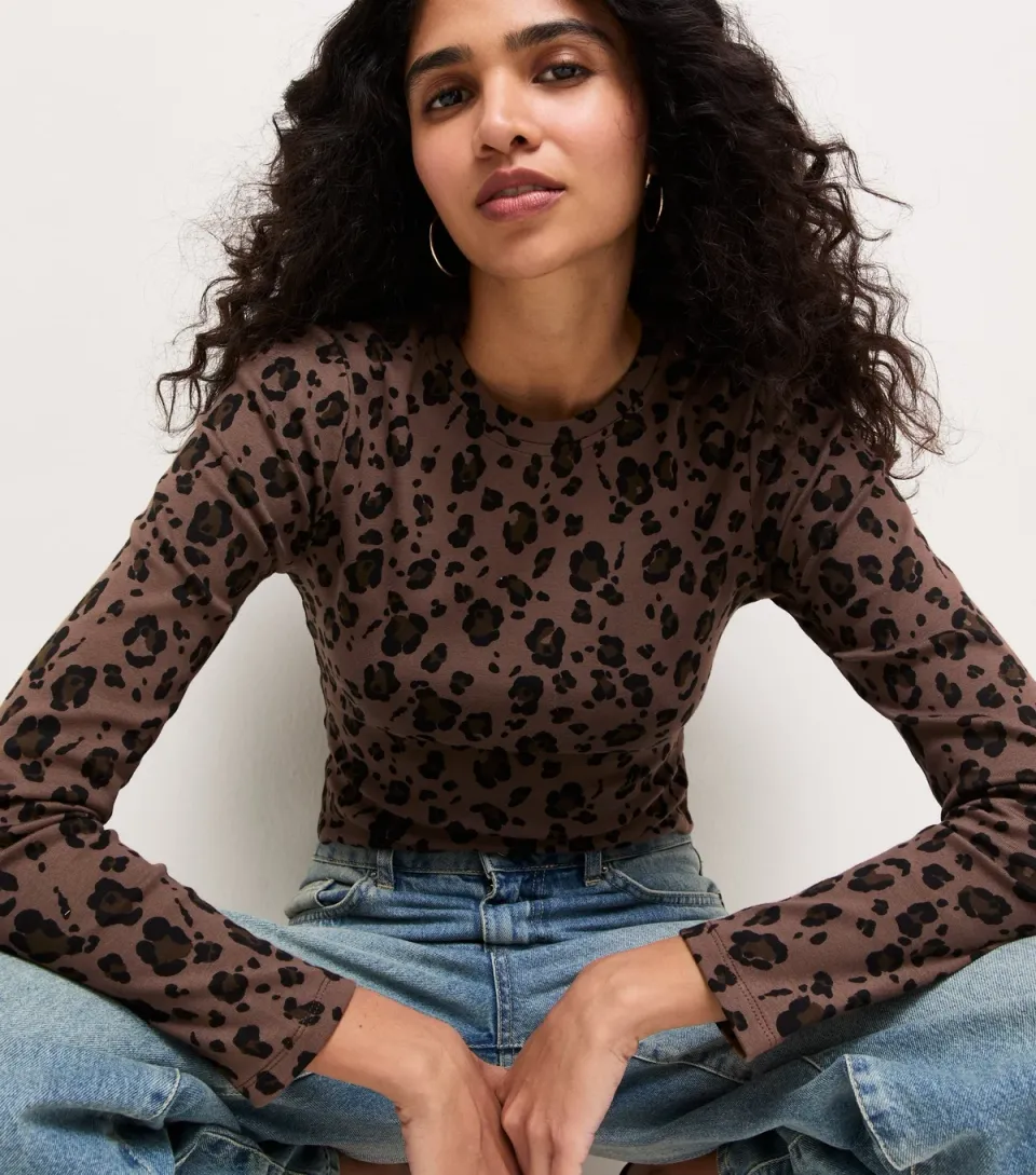 Women's Brown Cotton Rich Leopard Print Long Sleeve Baby Tee