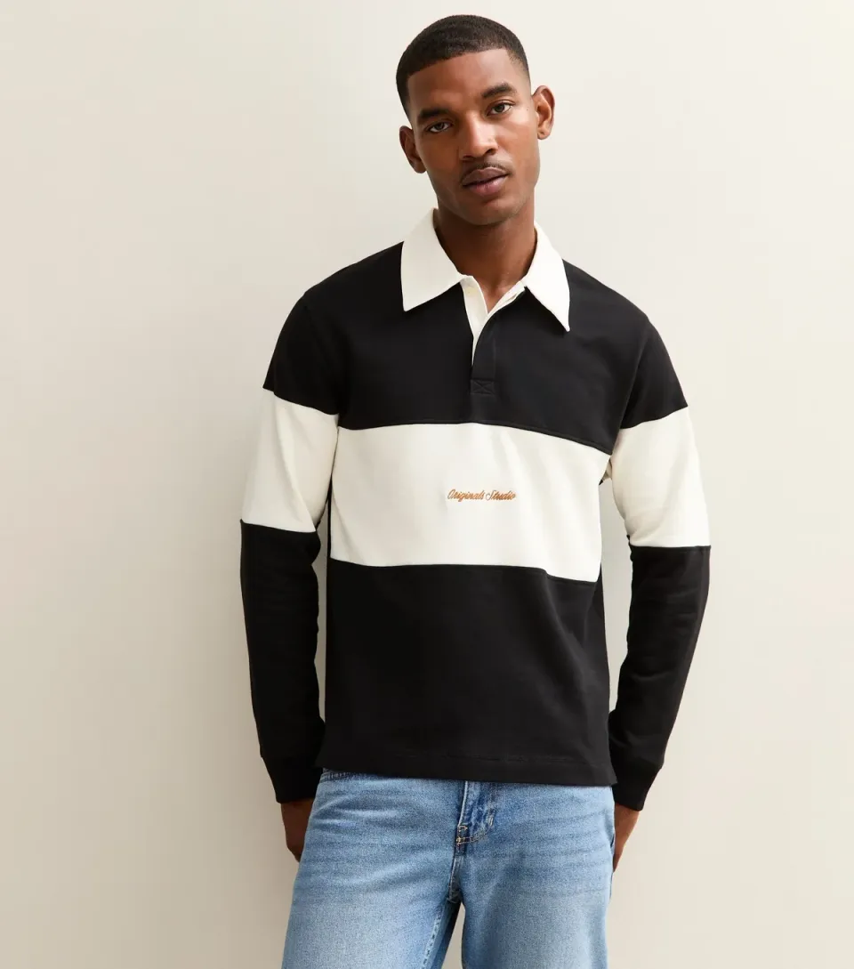 Men's Black Stripe Long Sleeve Polo Top
