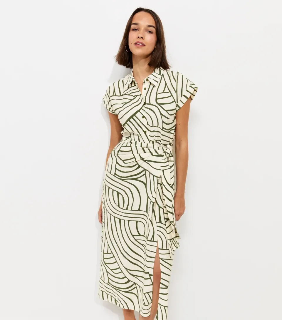 Women's Cream Geometric Print Tie Waist Midi Shirt Dress