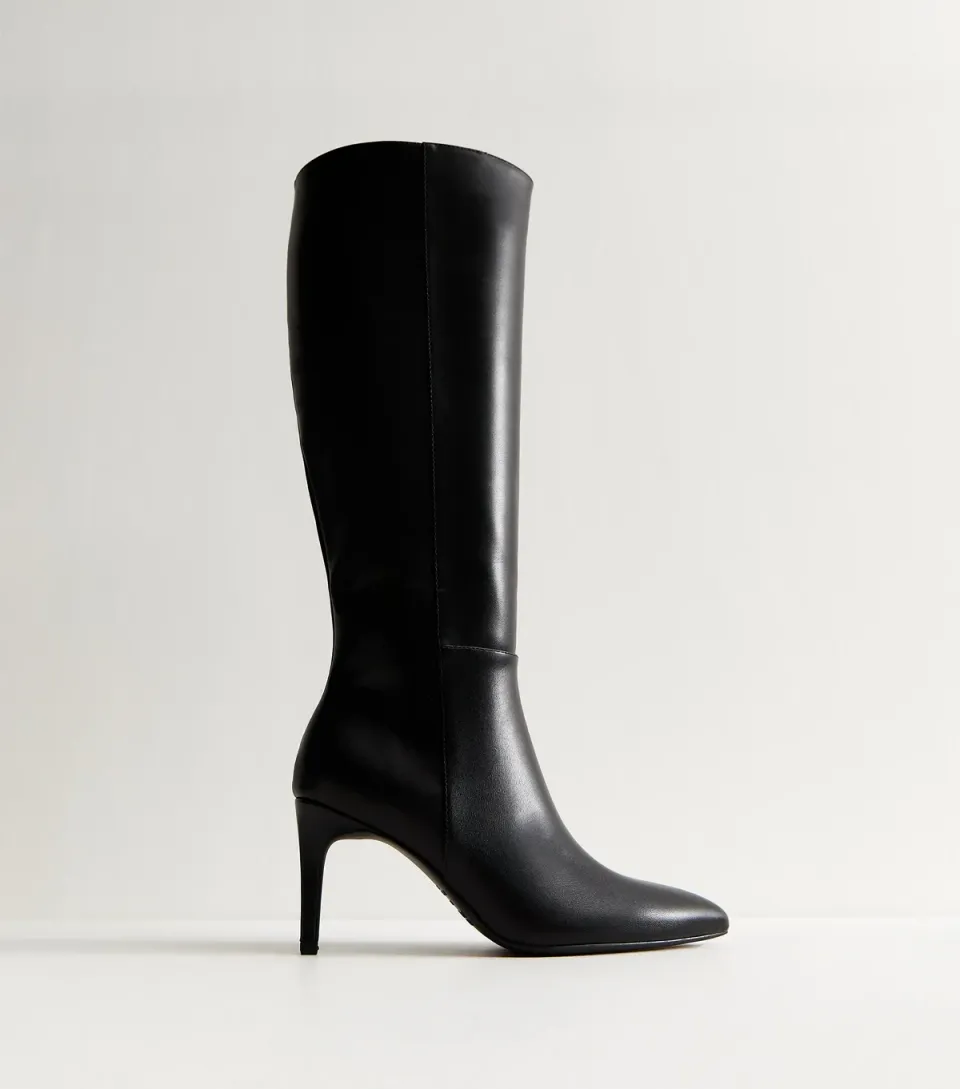 Women's Black Faux Leather Zip Up Stiletto Knee High Boots Vegan