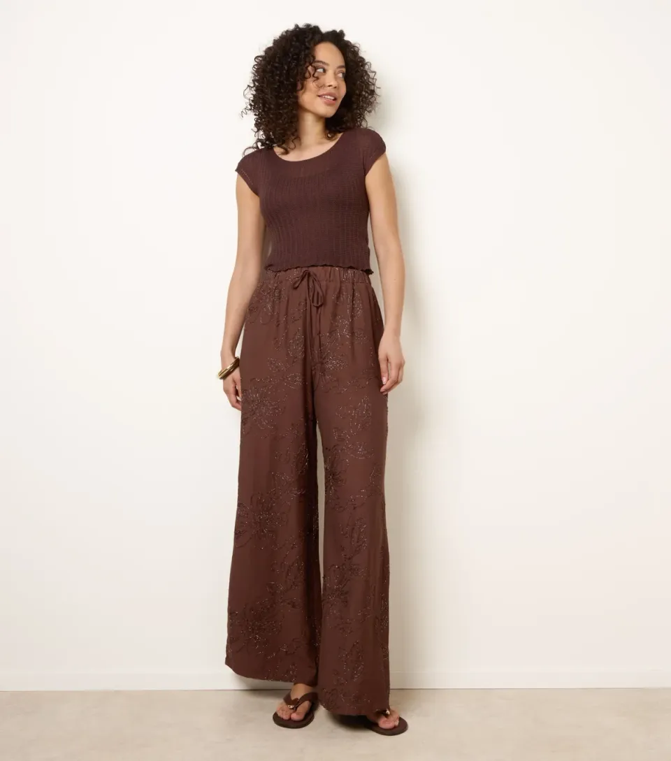 Women's Dark Brown Embroidered Wide Leg Trousers