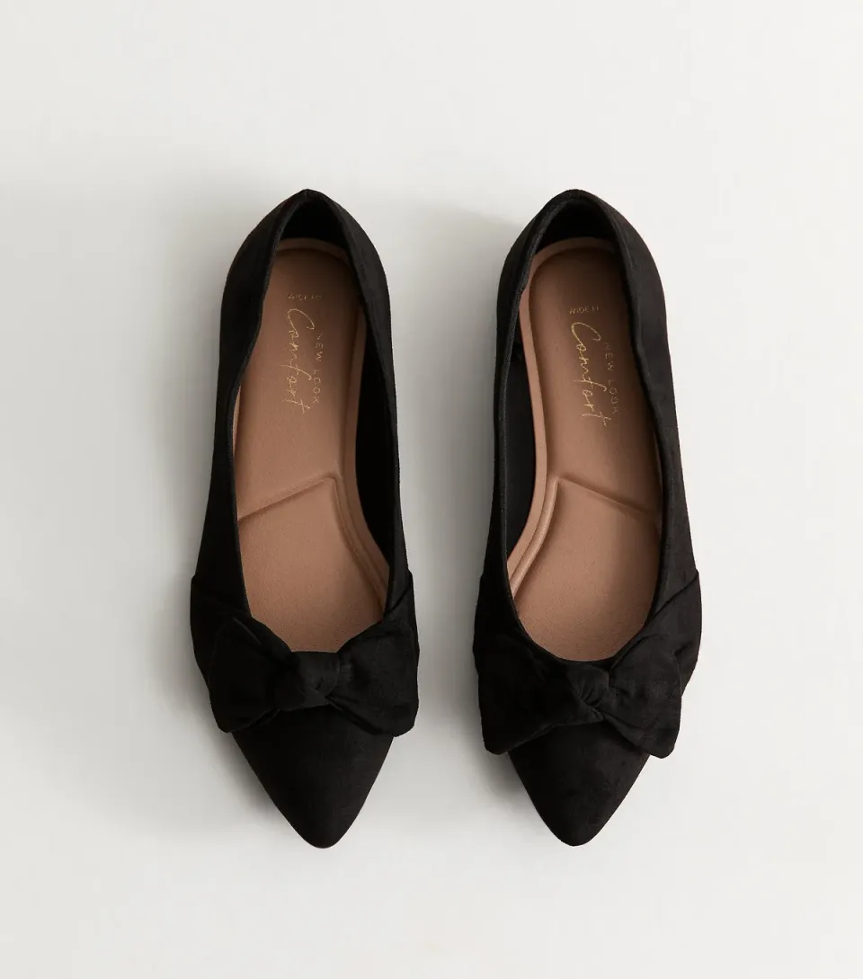 Women's Wide Fit Black Faux Suede Bow Ballet Pumps Vegan