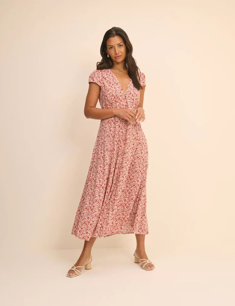 Ditsy Floral V-Neck Midi Tea Dress Multi