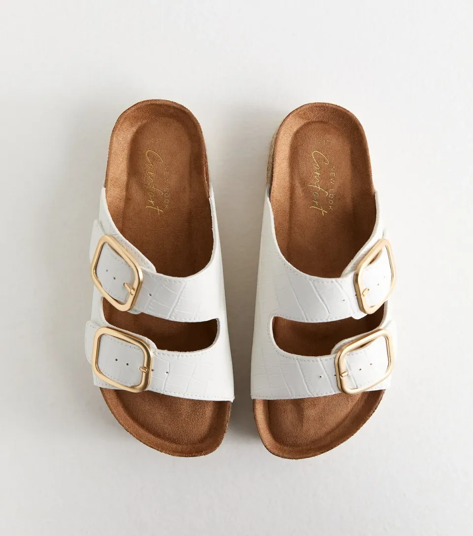 Women's White Faux Leather Double Buckled Strap Mule Sandals Vegan