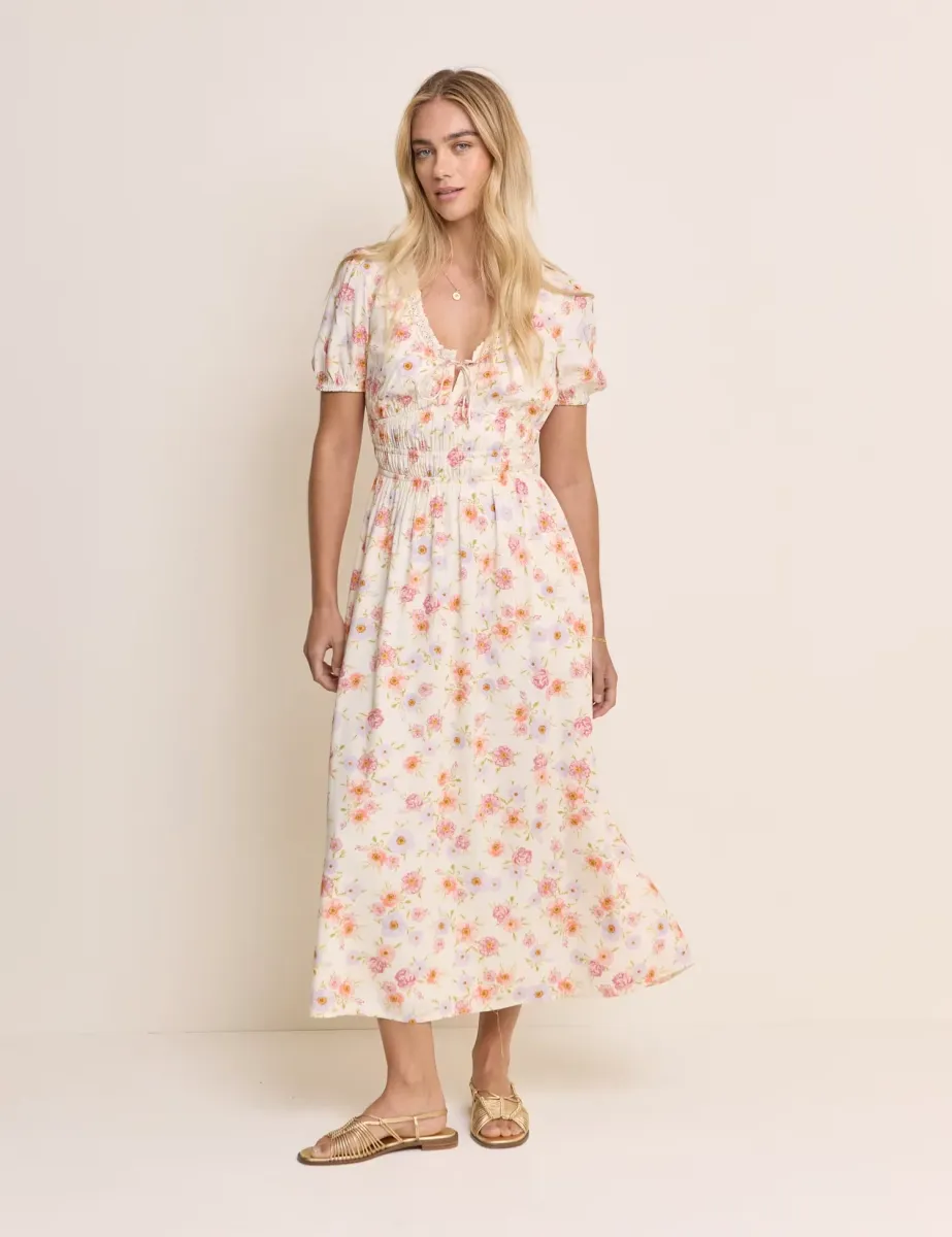 Floral Scoop Neck Midaxi Waisted Dress Yellow