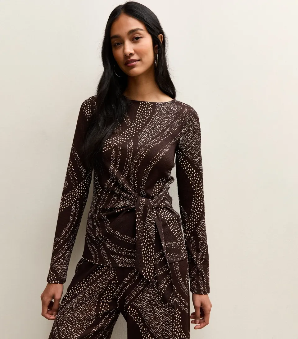 Women's Brown Swirly Tie Front Long Sleeve Top