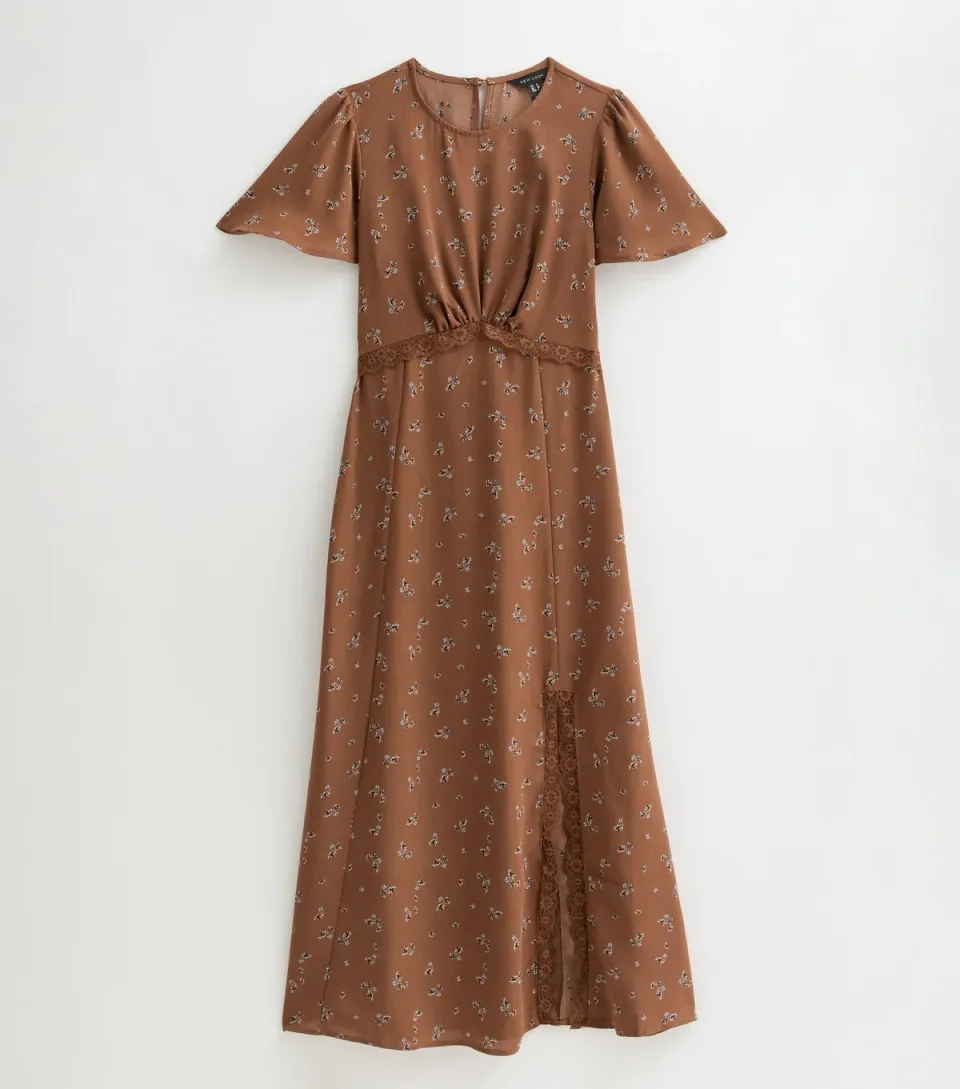 Women's Brown Floral Print Lace Trim Flared Sleeve Midi Dress