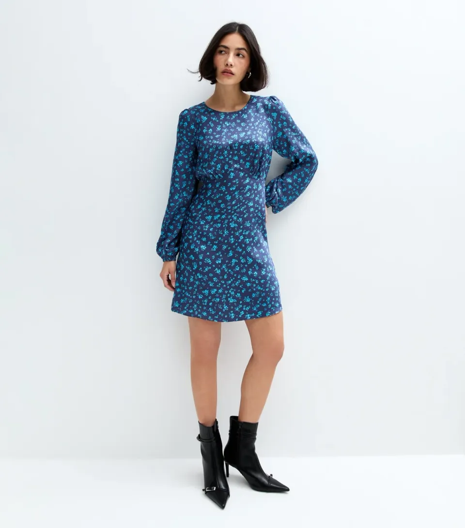 Women's Blue Floral Print Satin Mini Dress