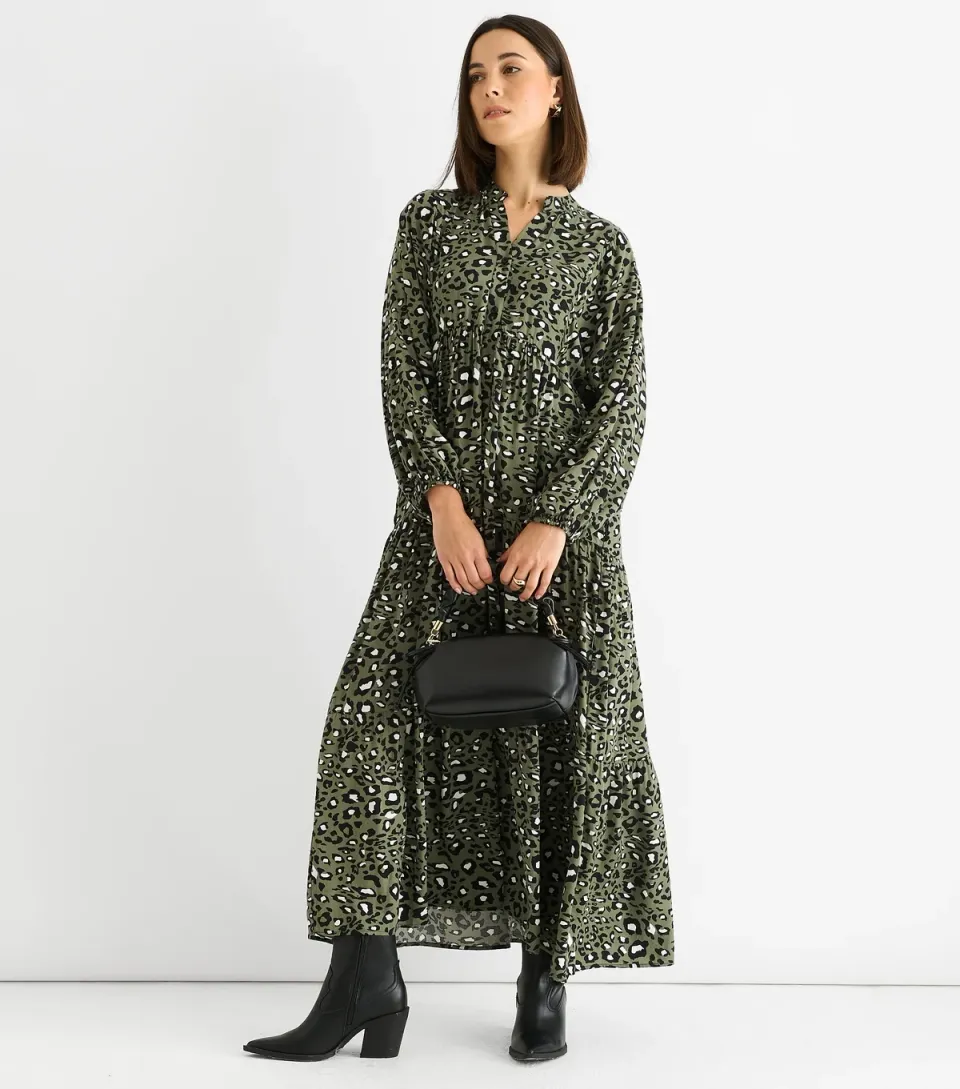 Women's Light Khaki Animal Print Tiered Midi Dress