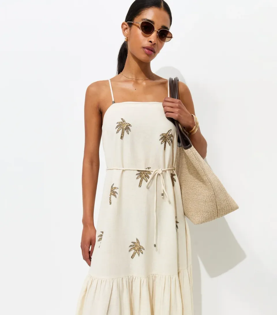Women's Cream With Cotton Palm Embroidered Belted Midi Dress