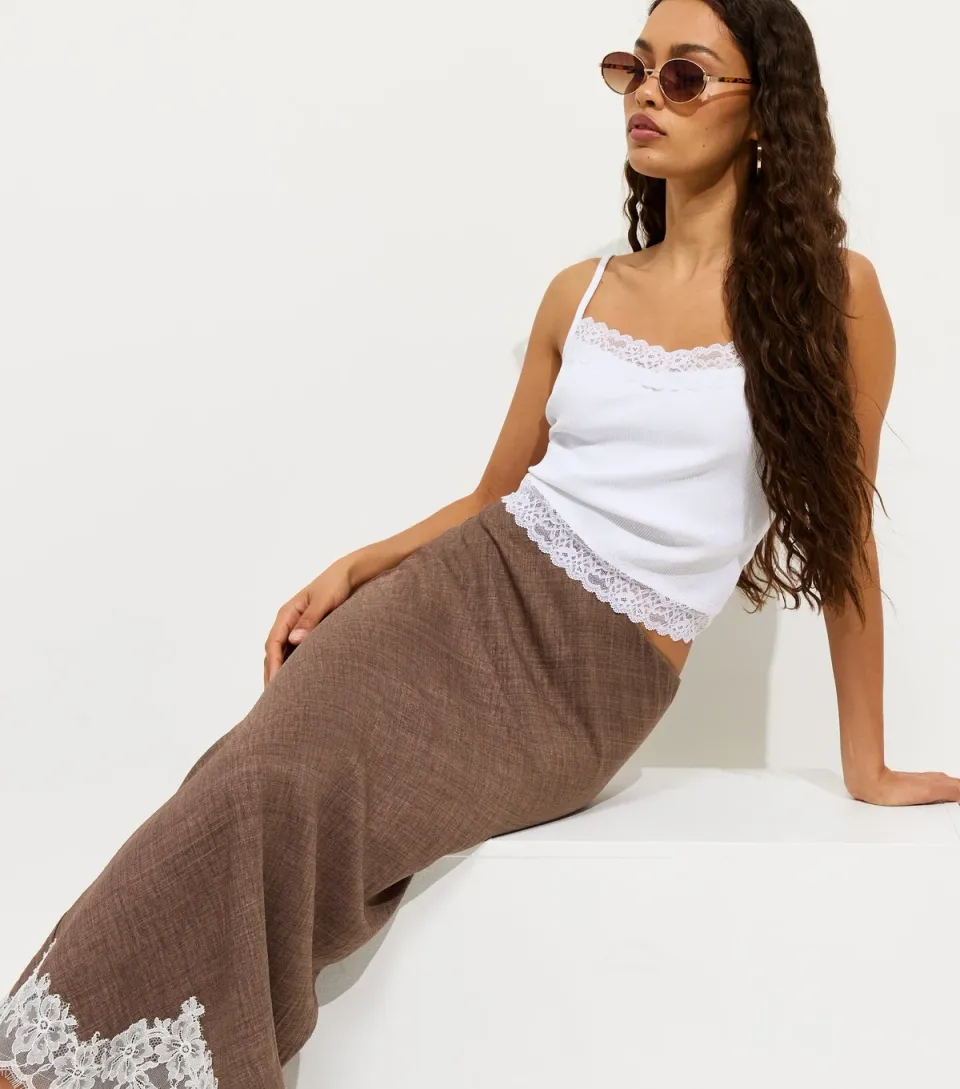 Women's Petite Dark Brown Woven Lace Trim Midi Skirt