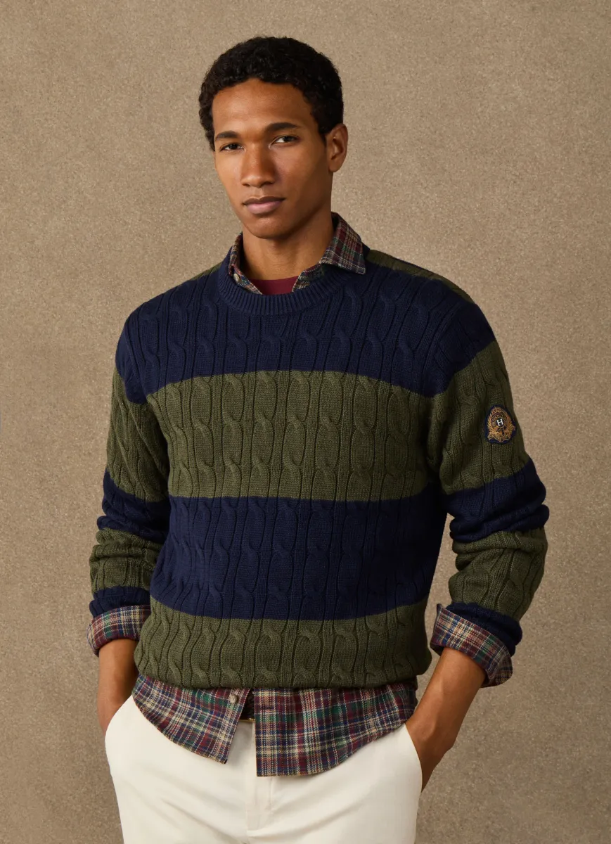 Cotton Striped Cable Knit Crew Neck Jumper