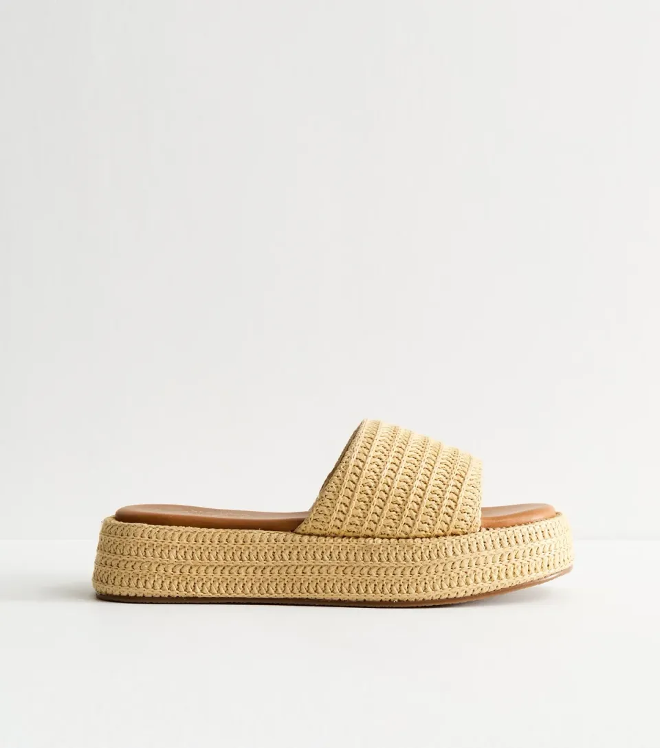 Women's Cream Raffia And Faux Leather Platform Mules Vegan