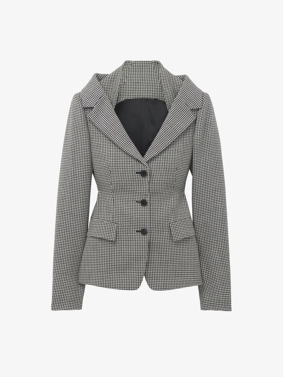 Gingham Check Off-the-shoulder Harness Jacket