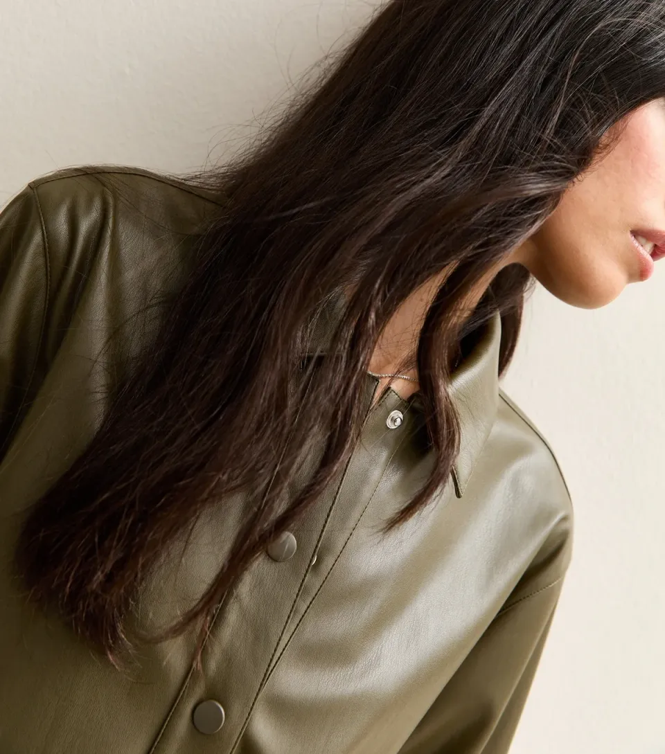 Women's Green Faux Leather Relaxed Long Sleeve Shirt