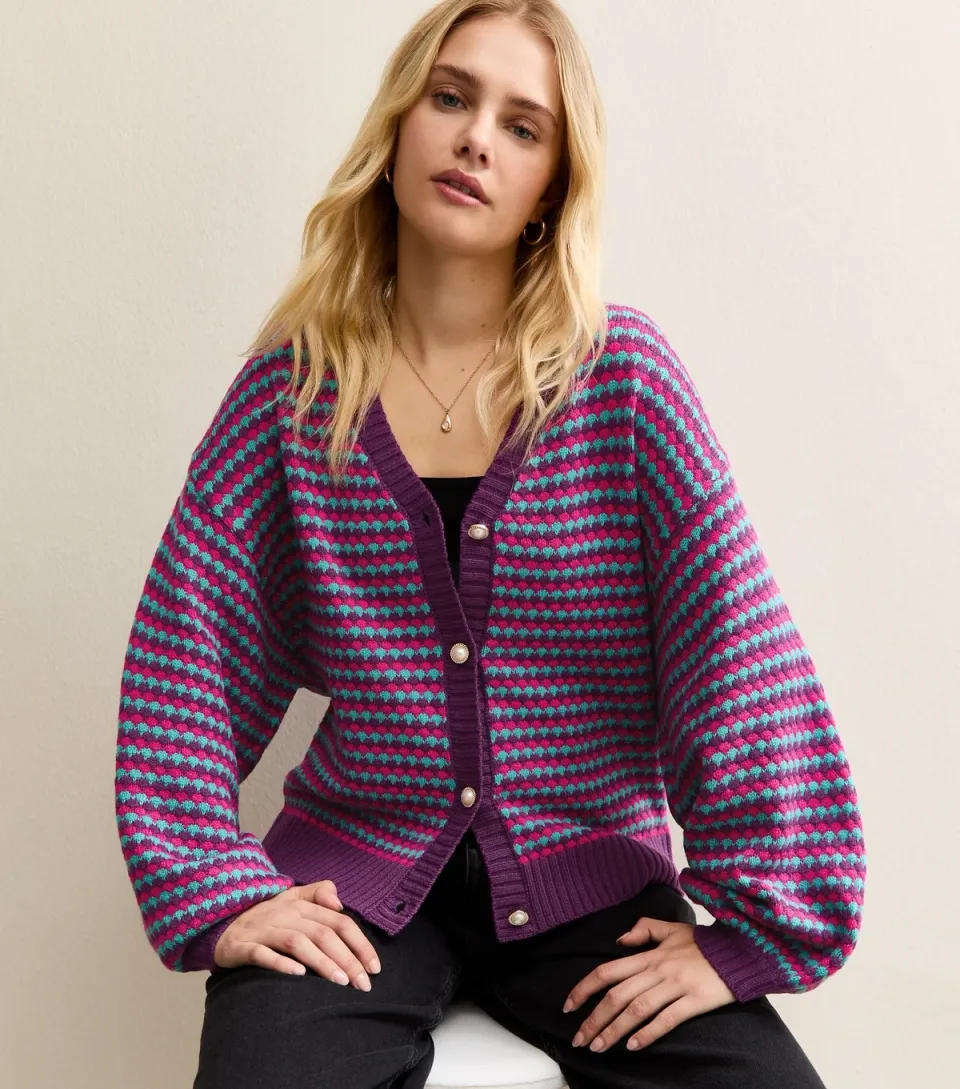 Women's Purple Oversized Striped Cardigan